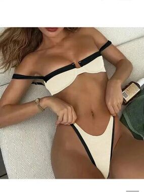 3/$15 Beige & Black Contrast Underwire Bikini Top and Bottom Set